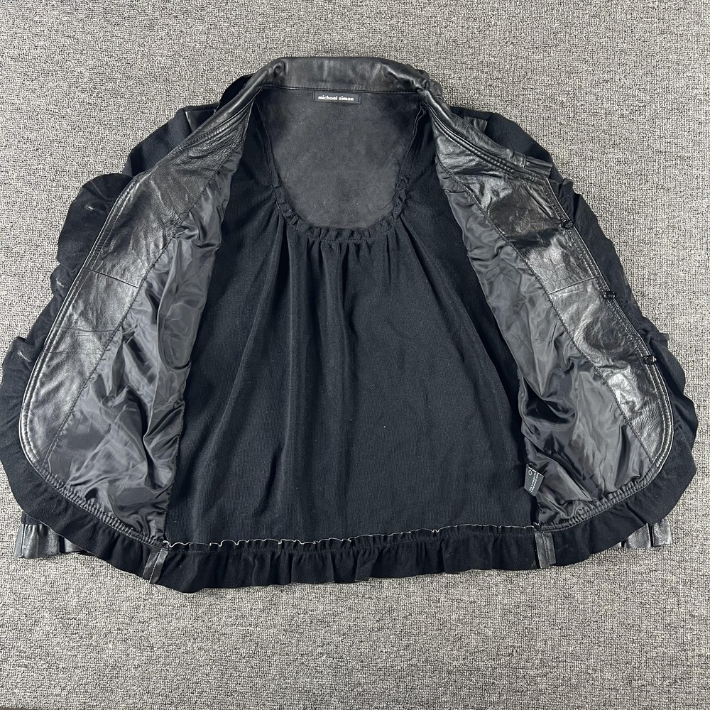 Michael Simon Blazer Womens Medium Black Silk Lamb Leather Trim Ruffle Jacket - Picture 2 of 9
